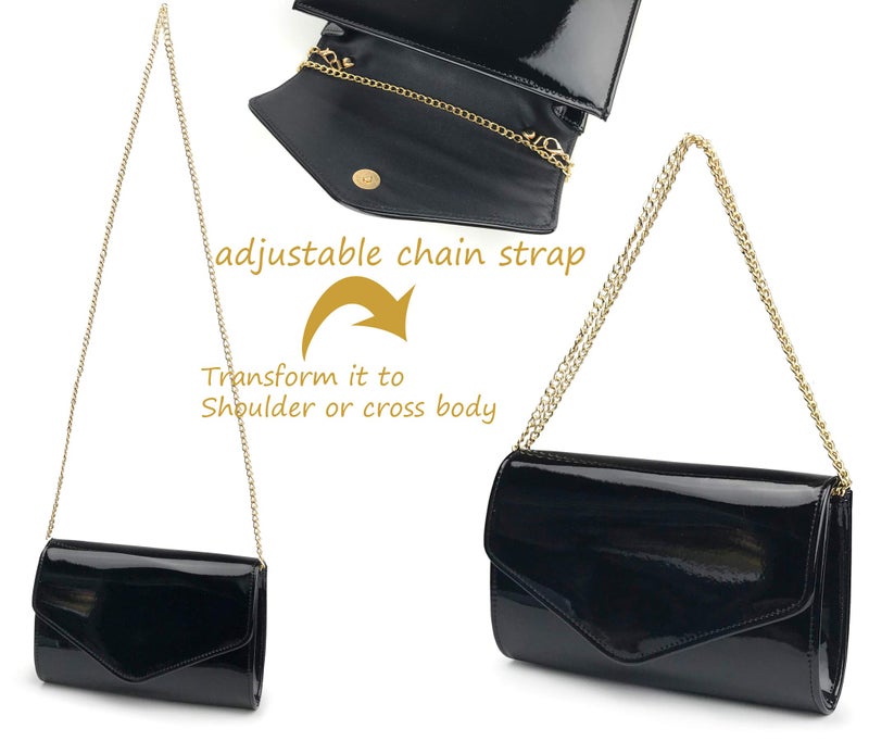 HOXIS Glossy Envelope Evening Clutch Faux Patent Leather Women Chain Shoulder Bag Solid Color Purse (Black) - Image 5